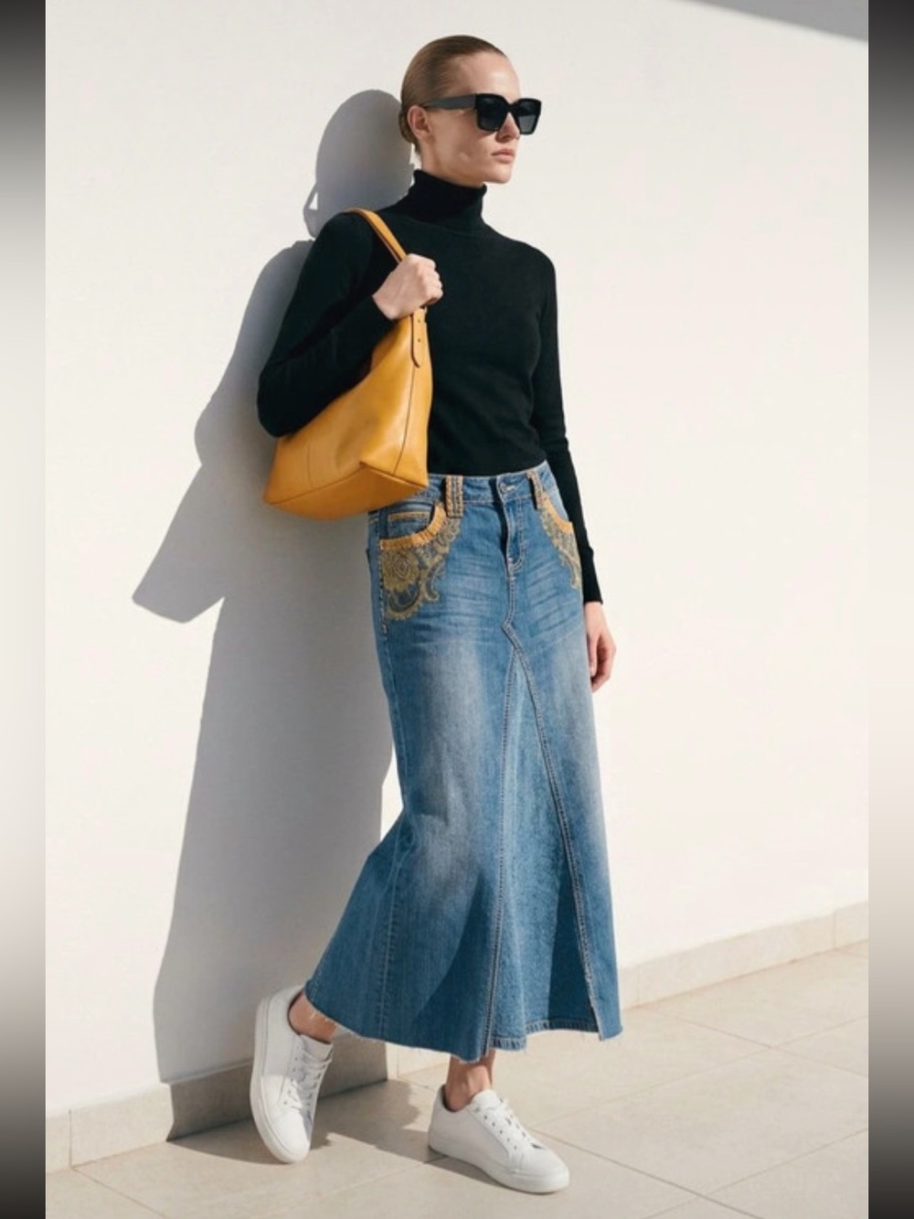Upcycled Cache denim maxi skirt